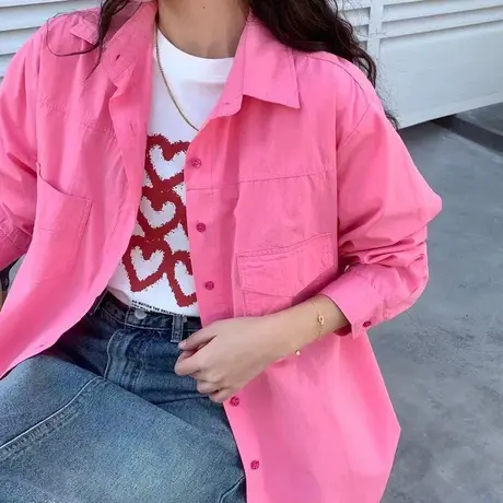 2024春装新款韩版宽松纯棉长袖衬衫女士上衣纯色衬衣开衫薄外套潮图片