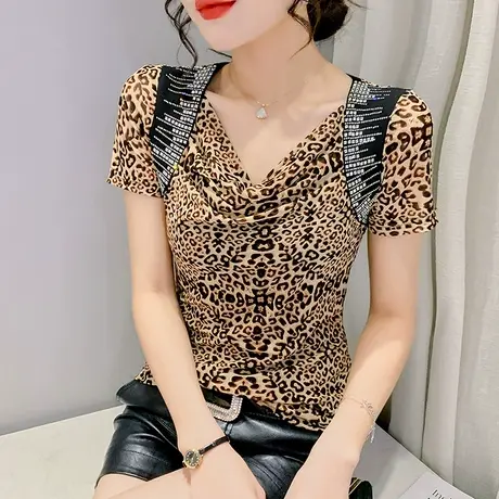 欧货网纱短袖上衣女设计感假两件豹纹T恤夏季性感V领小衫烫钻丅恤商品大图