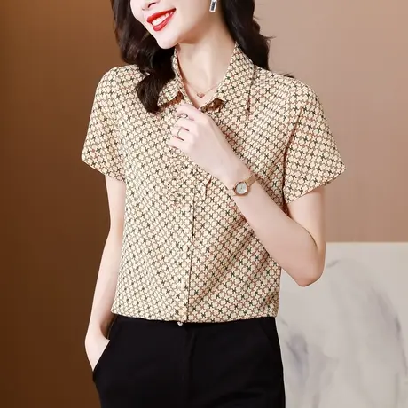 2023夏季新品衬衫女杭州时尚大牌漂亮碎花高级感桑蚕丝短袖上衣女商品大图