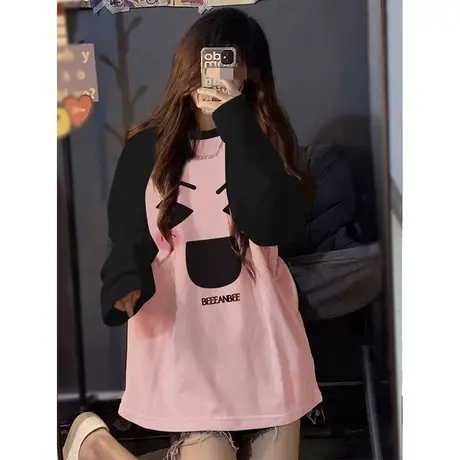 别致小众长袖撞色T恤女全棉内衫秋冬装宽松内搭插肩袖打底衫上衣商品大图