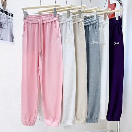 2023夏款小个子薄款卫裤韩版纯色收口运动休闲裤子纯棉紫粉灰色图片