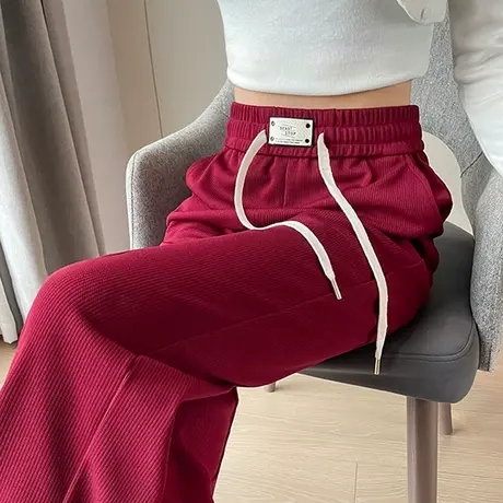 红色窄版高腰阔腿裤女2023春秋新款垂感宽松显瘦休闲直筒拖地裤子图片