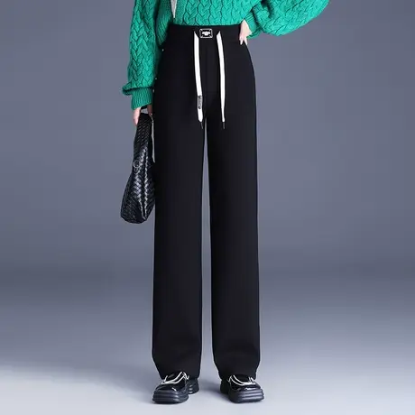 黑色加绒阔腿裤女秋冬2023新款松紧高腰显瘦垂感直筒裤通勤长裤子图片