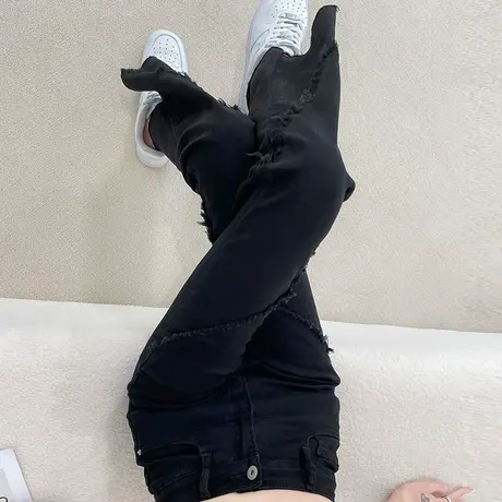 黑色开叉牛仔裤女春秋新款女士拼接高腰紧身显瘦拖地毛边微喇叭裤商品大图