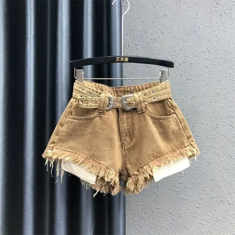 欧货露口袋阔腿裤女2023秋冬新款网红个性毛边高腰百搭牛仔短裤潮图片