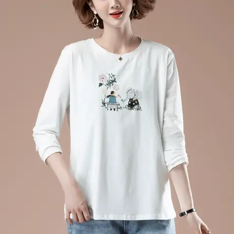 春秋新款加肥加大码女装长袖t恤宽松纯棉百搭卡通印花显瘦打底衫商品大图