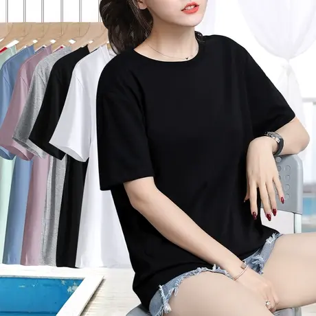 大码宽松t恤女短袖黑色遮肚显瘦上衣纯棉纯色百搭基础款净版体恤商品大图
