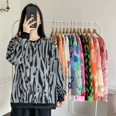 潮牌美式复古绿色渐变ifashion扎染卫衣女圆领春秋款潮ins慵懒风商品大图