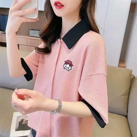 小众设计感短袖t恤女夏季韩版宽松小个子polo领撞色不规则上衣服商品大图