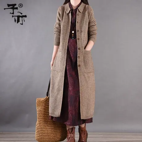 冬季新款文艺宽松中长款外套休闲纯色单排扣口袋针织毛衣开衫图片