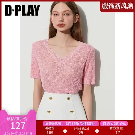 DPLAY夏新气质草莓奶油粉V领垫肩上衣透气针织镂空薄款小衫商品大图
