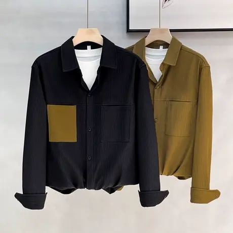 2023秋季新款柔顺灯芯绒条绒美式休闲长袖衬衫男宽松男士衬衣外套商品大图