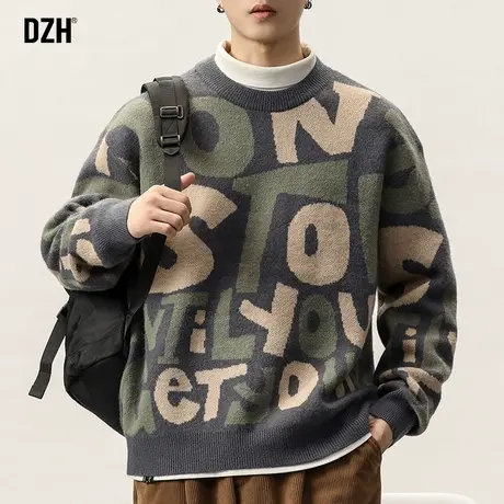 男士提花圆领毛衣男秋冬高级感慵懒风针织衫外套2023新款保暖打底商品大图