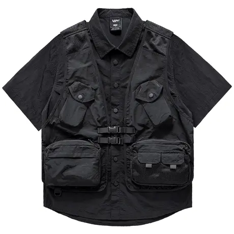 VIP假两件短袖衬衫男夏季户外拼接工装马甲衬衣设计感小众上衣潮商品大图