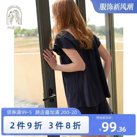 妮狄娅新款睡衣睡裙女夏纯棉短袖短裤方领镂空花边气质家居服套装商品大图