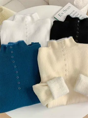 一体绒半高领长袖针织衫毛衣女秋冬季新款韩版加绒加厚打底衫上衣图片