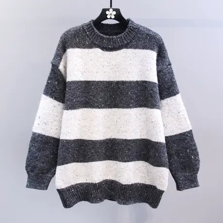 复古慵懒风撞色条纹毛衣女冬季2023新款宽松加厚中长款打底针织衫商品大图