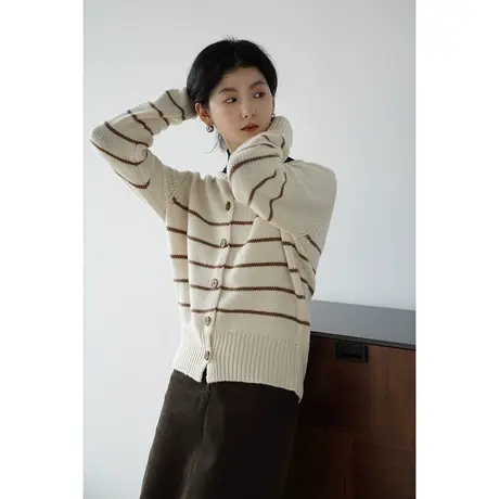 嘉茱莉2023秋季新款条纹针织毛衣外套女薄款开衫上衣圆领针织开衫商品大图