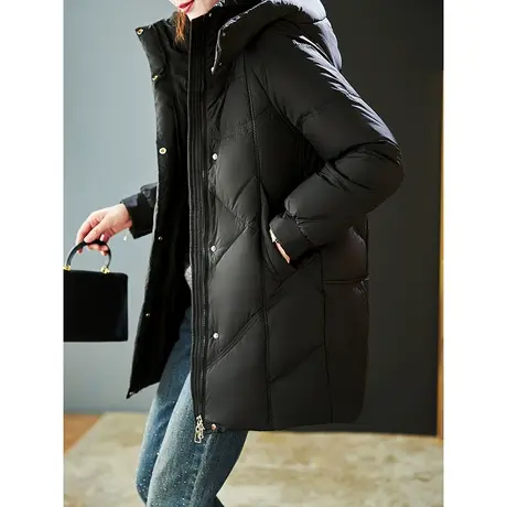 宝诗黎2023年冬季新款白鸭绒羽绒服女中长款纯色连帽宽松保暖外套图片