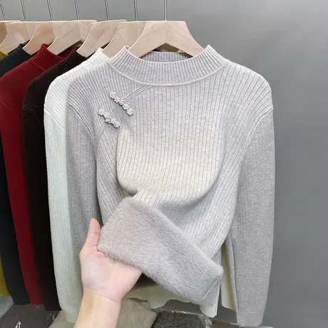 一体绒半高领毛衣女加绒加厚打底衫2023秋冬新款针织衫内搭上衣潮商品大图