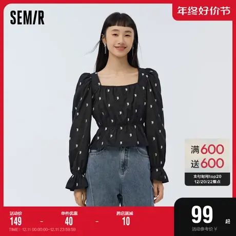 [商场同款]森马长袖衬衫女短款方领刺绣2023春季新款黑色上衣优雅图片