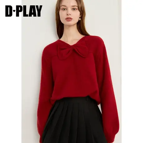 DPLAY冬甜美红色宽松短款V领落肩长袖含羊毛混纺针织毛衣商品大图