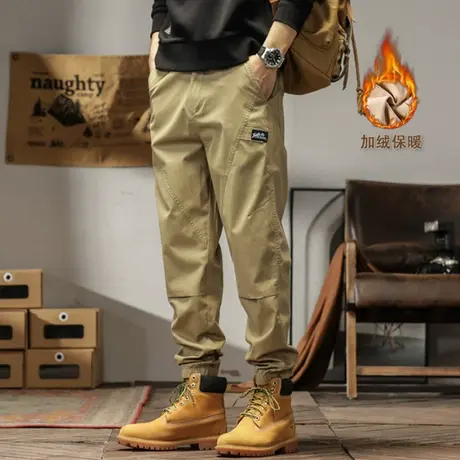 加绒秋冬季新款水洗美式复古弹力工装裤潮牌束脚休闲长裤男工装裤商品大图