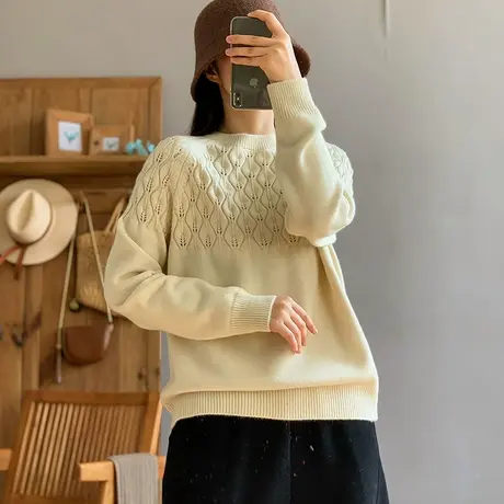 dza 复古套头圆领羊毛毛衣女秋冬内搭打底衫宽松休闲针织衫上衣女图片