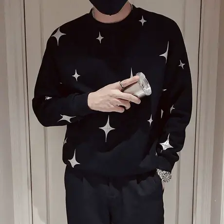 秋季男士卫衣外套上衣套头长袖潮流满天星印花圆领T恤长袖体恤INS商品大图