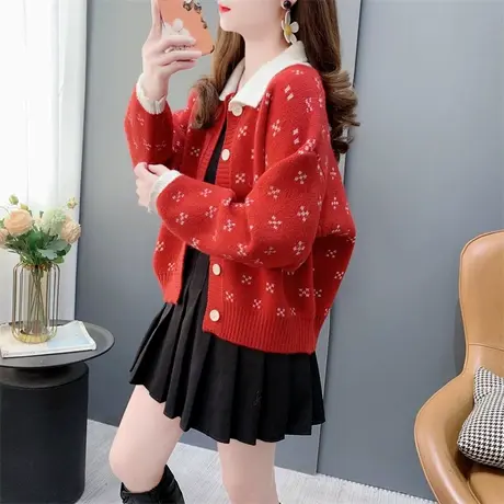 娃娃领复古红色毛衣外套女春季2024年新款洋气减龄设计感针织开衫商品大图