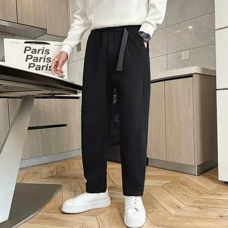 冬季加绒休闲裤男2024纯色设计感宽松直筒加厚个性百搭哈伦休闲裤商品大图