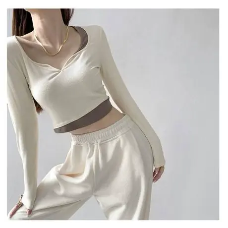 小个子拼色短上衣假两件V领长袖T恤女秋季美式修身辣妹chic打底衫商品大图