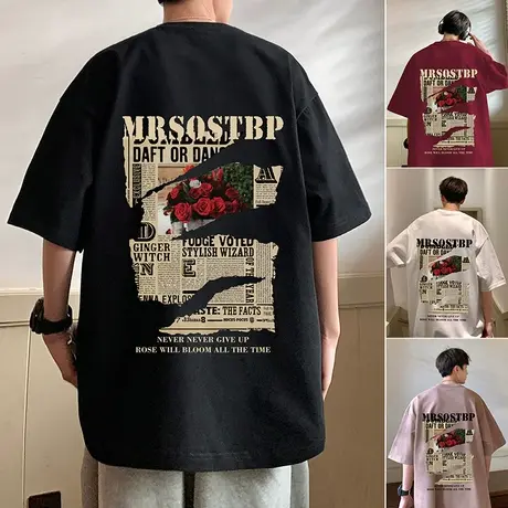 玫瑰印花纯棉短袖t恤男女夏季美式潮牌ins街头宽松百搭体恤上衣服商品大图