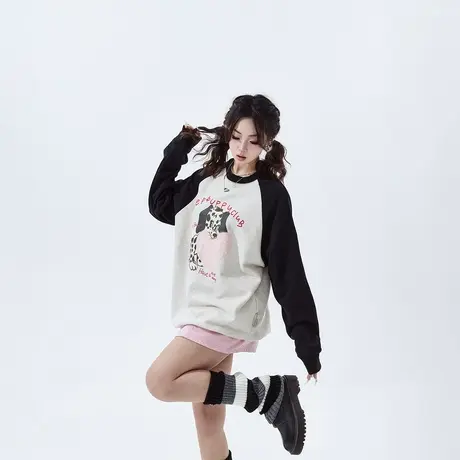 YEP卡通印花韩系圆领卫衣女2025新款复古插肩袖宽松oversize上衣图片