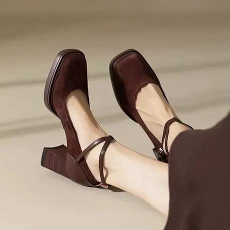 黑色法式复古高跟鞋女粗跟婚鞋玛丽珍2024新款交叉带方头浅口单鞋图片