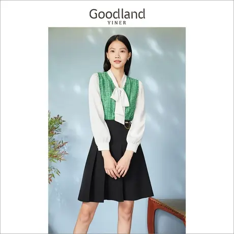 Goodland女装2023春季通勤撞色设计感假两件粗花呢衬衫上衣商品大图