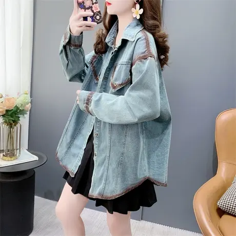 复古做旧喷墨牛仔衬衫女士2024新款春季宽松港味长袖衬衣外套上衣商品大图