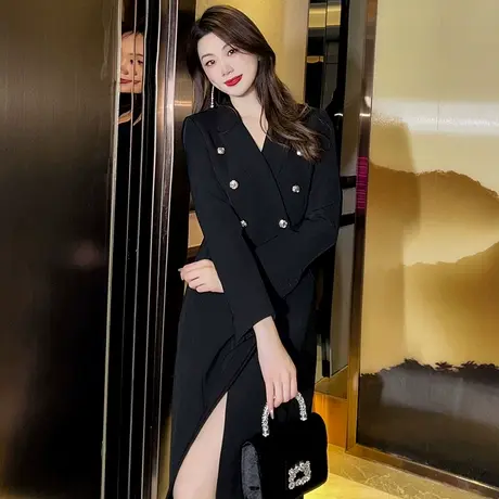 时尚职业英伦风黑色外套大衣中长款名媛气质高级感双排扣西装大衣商品大图