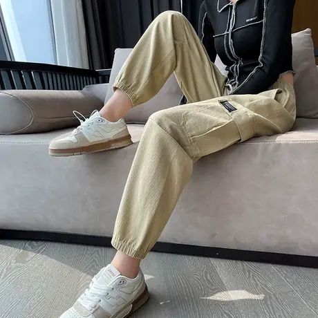 卡其色工装运动裤女2024春夏新款高腰宽松显瘦百搭休闲束脚直筒裤图片