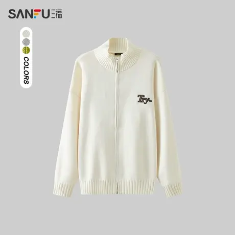 三福2024春季男士前后印花立领开衫毛衣 日系户外上衣男482283商品大图