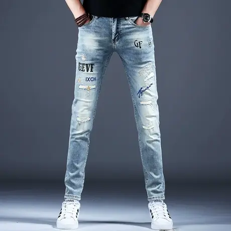 2024新款破洞刺绣牛仔裤男款浅色高档春秋款裤子小脚修身高端潮牌商品大图