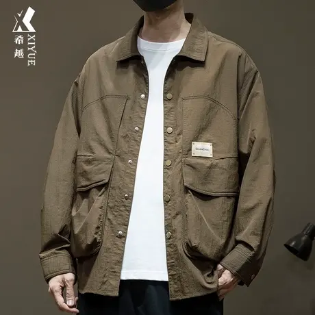 希越双层立方格休闲衬衫男2024春季新款宽松大码男士翻领衬衣外套商品大图