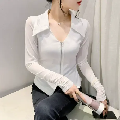 时尚双头拉链开叉网纱长袖设计感V领开衫上衣洋气修身显瘦打底衫图片