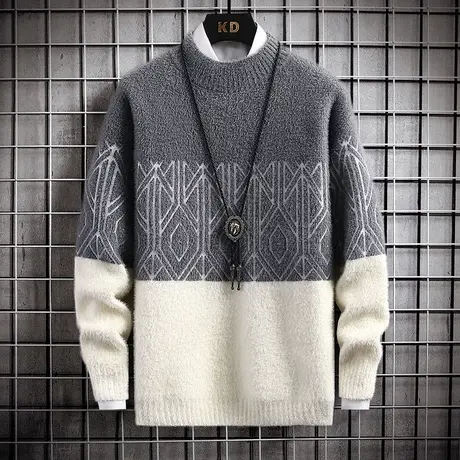 男士毛衣潮牌水貂绒韩版潮秋冬季2021新款个性加厚半高领针织衫男商品大图