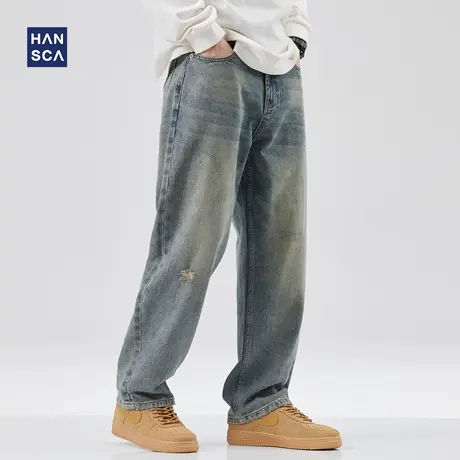 hansca破洞阔腿牛仔裤男美式复古春秋季潮牌大码宽松直筒水洗长裤商品大图