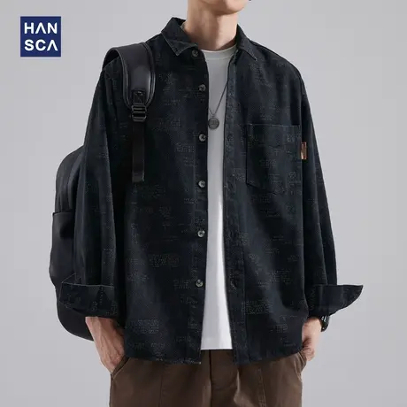 hansca美式重磅复古提花长袖衬衫男秋季潮牌宽松痞帅休闲翻领上衣商品大图