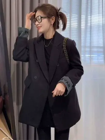 黑色西装外套女2024春装新款欧货设计感小众双排扣宽松西服上衣潮商品大图