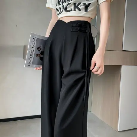 中国风西装阔腿裤女2024新款春秋新中式国风盘扣窄版直筒阔腿裤子图片