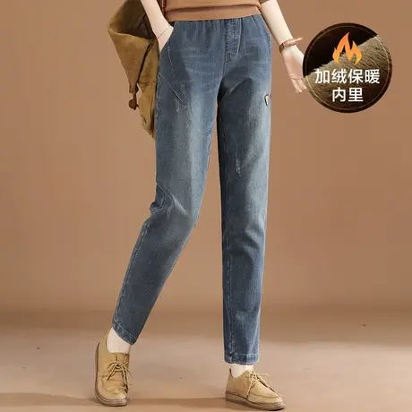韩潮袭人松紧高腰加绒牛仔裤女2023冬装新款宽松小脚哈伦长裤子厚商品大图