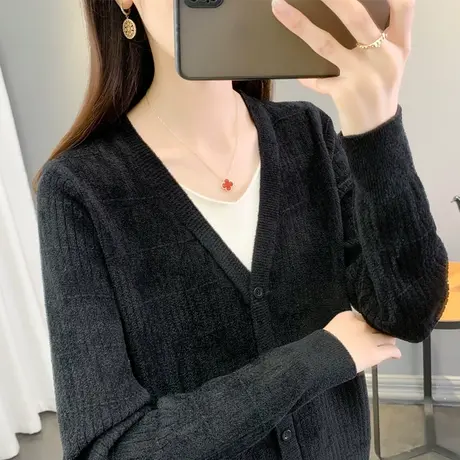 天鹅绒v领毛衣女内搭打底衫2023秋冬新款假两件针织衫加厚上衣潮商品大图